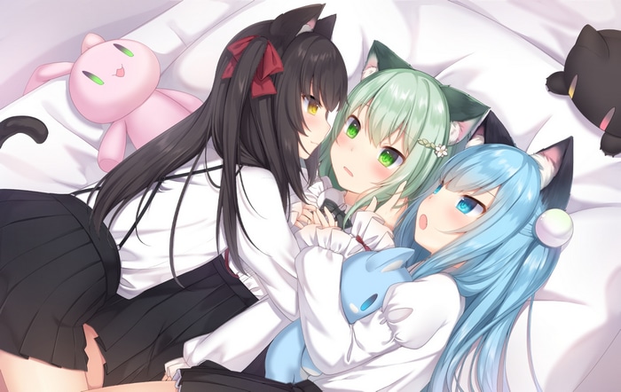 Cat girls lying in bed with plush toys