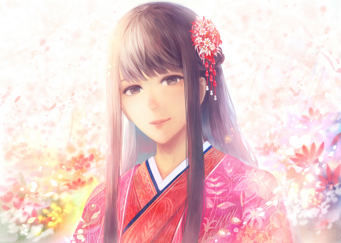 Anime girl in a pink kimono with flowers
