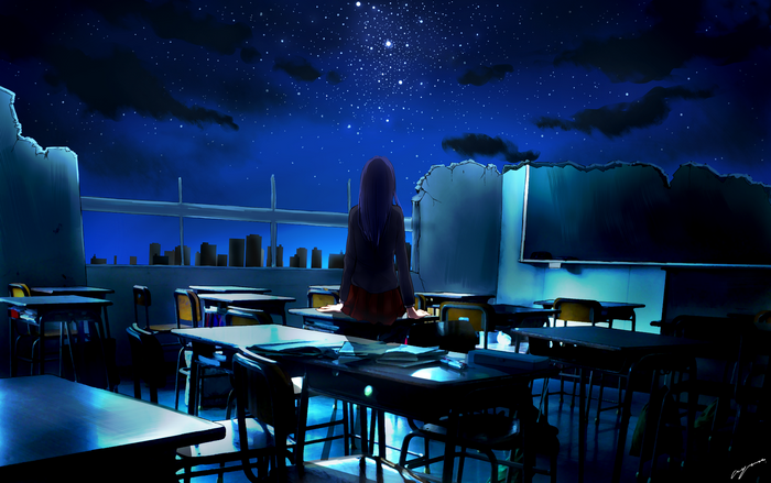 Anime girl in a classroom at night under the stars