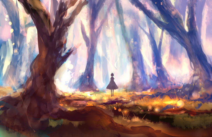 Anime girl in a magical forest with glowing lights