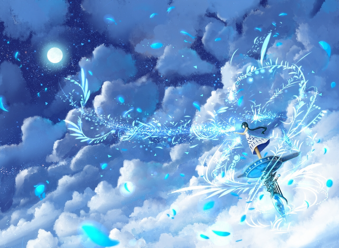 Girl conjuring magic in the clouds with moon