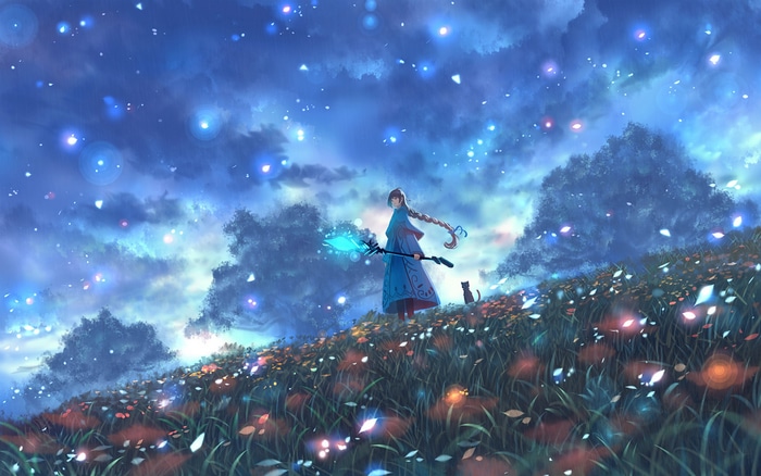 Anime girl with staff and cat in starry field