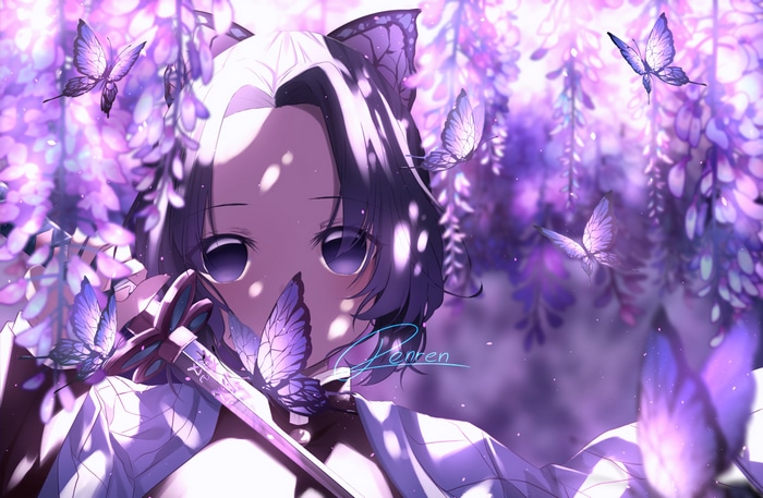 Kochou Shinobu with butterflies and sword