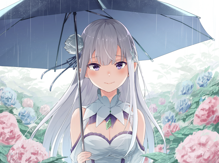 Emilia holding an umbrella in the rain with hydrangeas