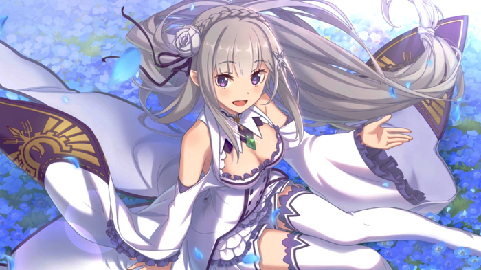 Emilia from Re:Zero with silver hair and purple eyes
