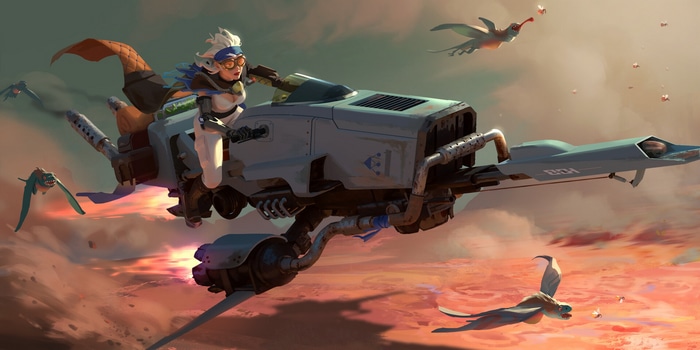 Woman riding a futuristic vehicle with birds