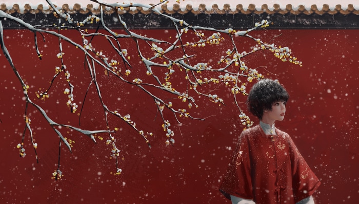 Woman in Asian clothing in snow with plum blossoms