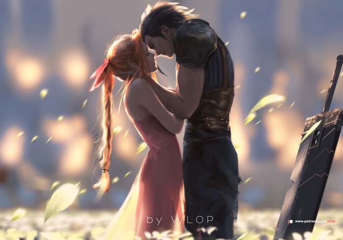 Aerith and Zack in a field of flowers
