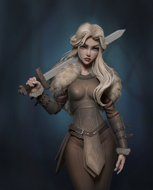 Fantasy blonde woman warrior with sword