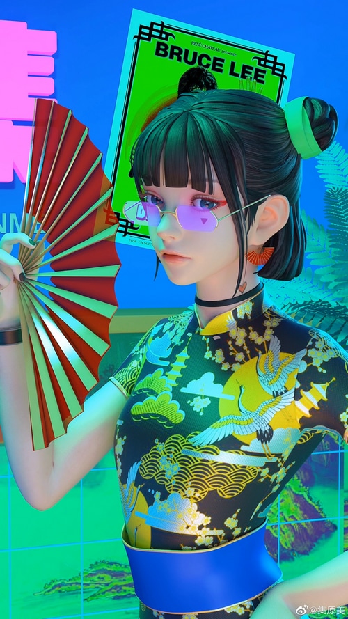 Digital art of a woman with a fan