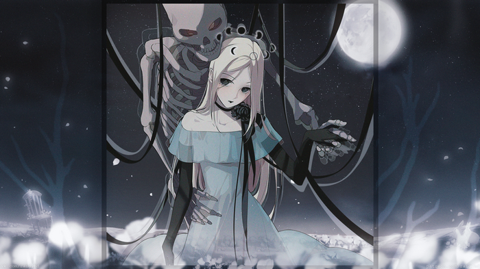 Girl with Skeleton in a Moonlit Landscape