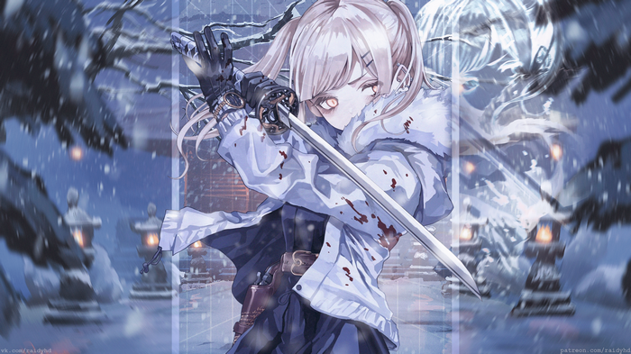 Girl with katana in snowy landscape