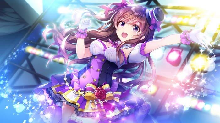 Anime girl in purple dress performing on stage