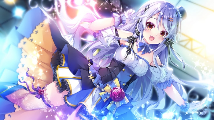 Anime girl with silver hair in a blue dress