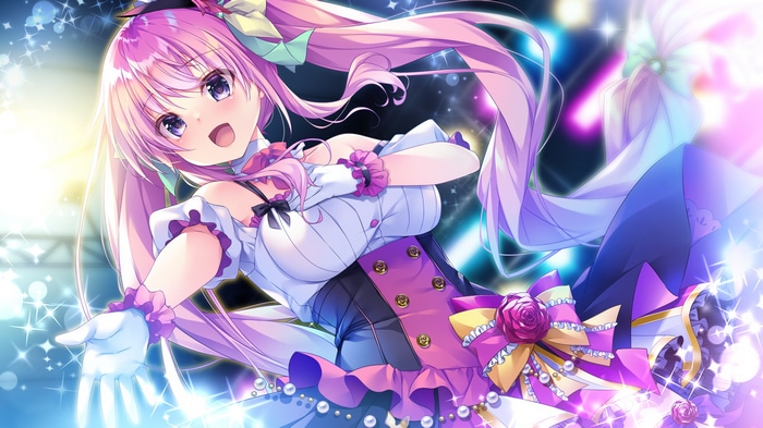 Girl with purple hair and eyes in a costume