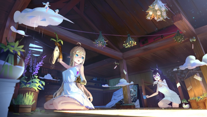 Two girls in a rustic attic with plants