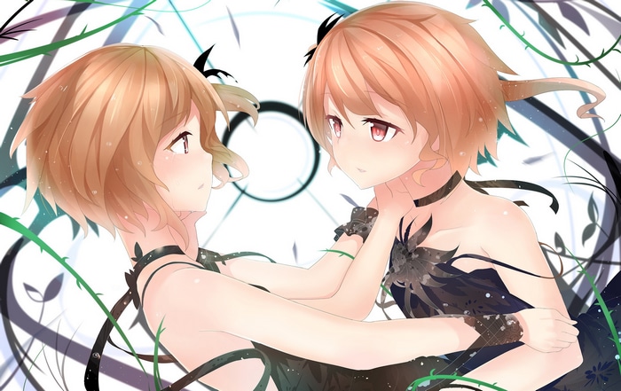 Two anime girls with red eyes and blonde hair