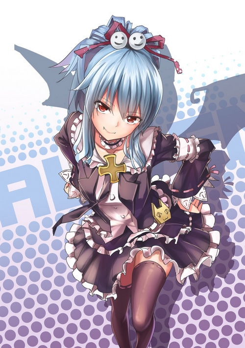 Girl with blue hair and red eyes in maid outfit