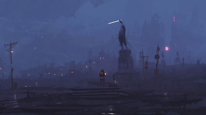Artwork by Ismail Inceoglu featuring a statue and a person