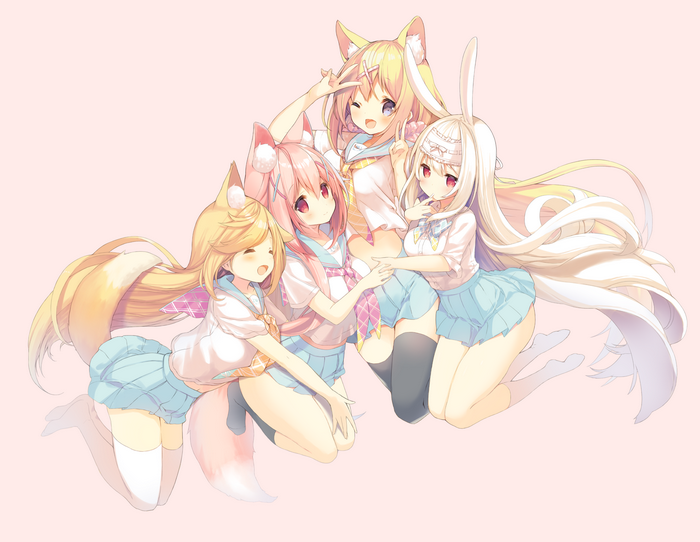 Four anime girls with animal ears and tails in school uniforms