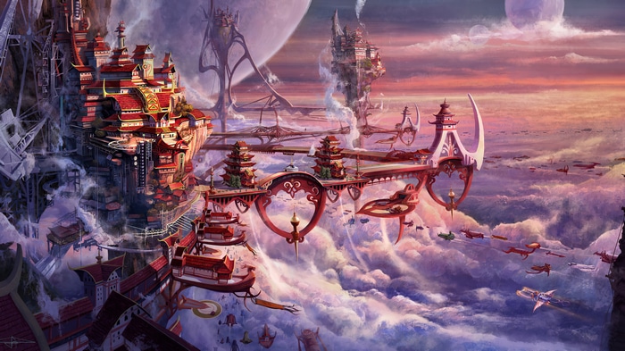 Fantasy city with Asian architecture in the clouds