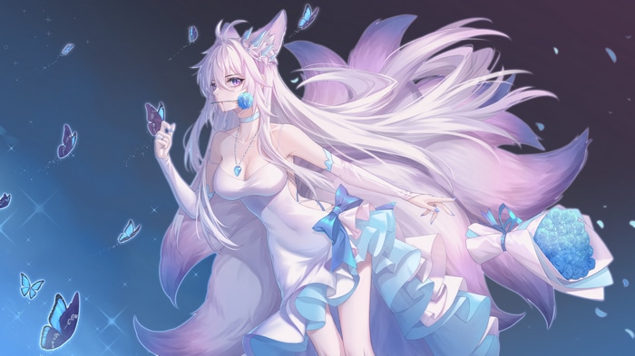 4K Fox Girl with Blue Butterflies and Flowers