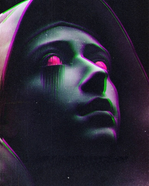 Glitch art statue with glowing pink eyes