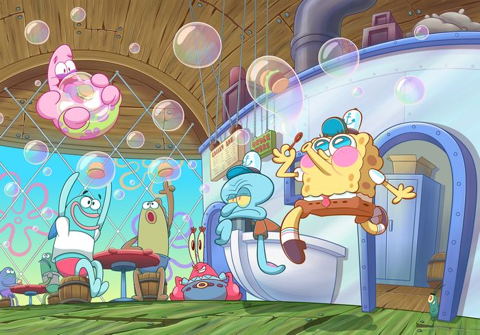 SpongeBob SquarePants characters making Krabby Patties in bubbles
