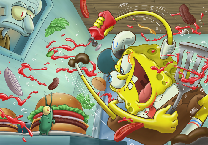 SpongeBob SquarePants and Plankton making burgers