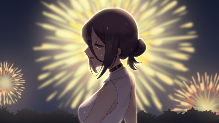 Reze crying with fireworks in the background