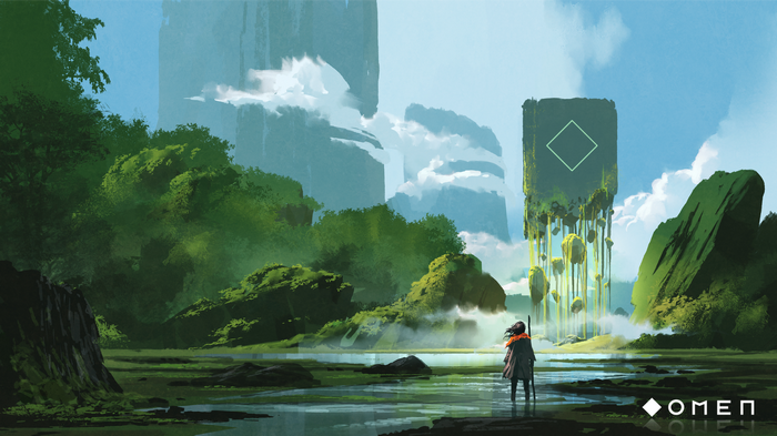 Fantasy landscape with a lone figure and floating islands