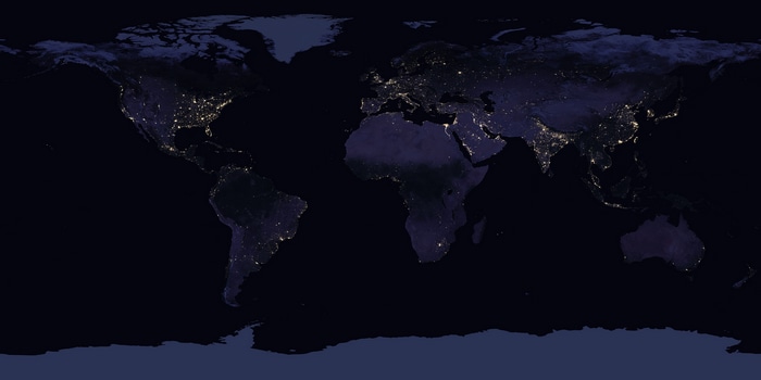 World map at night showing city lights