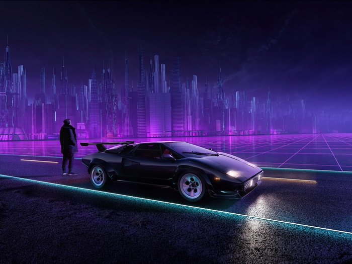 4K retro style Lamborghini Countach on a neon grid road