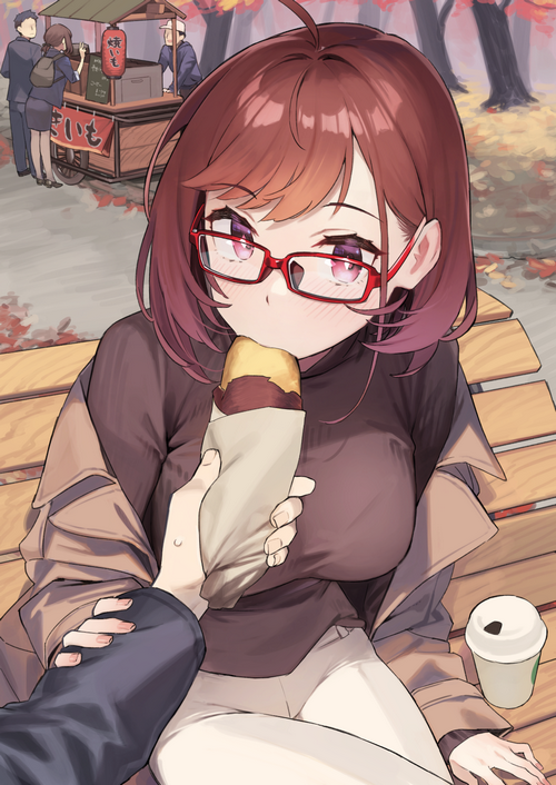 Anime girl with glasses eating a sweet potato