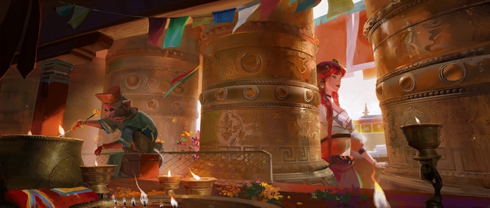 Fantasy girl and ape in a temple with prayer wheels
