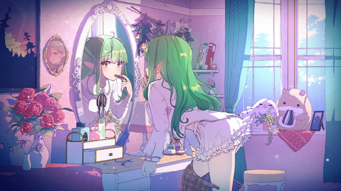 4K Virtual Youtuber with green hair applying makeup
