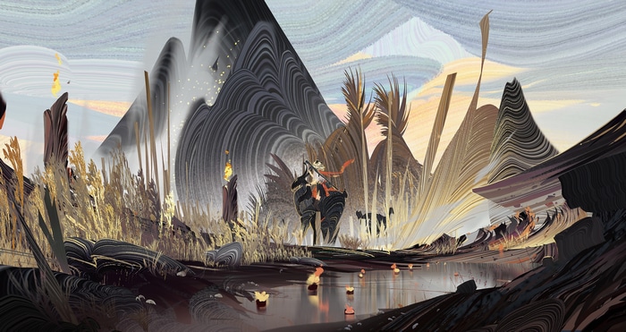 A person on horseback in a surreal landscape