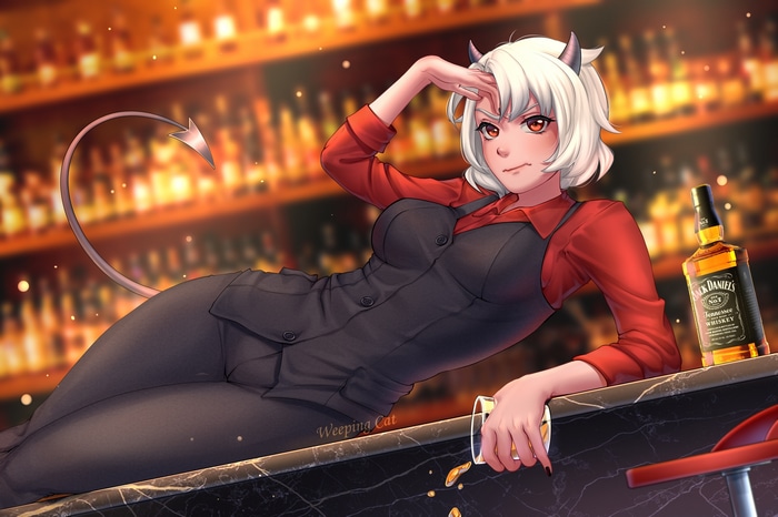 Malina from Helltaker leaning on a bar with Jack Daniels