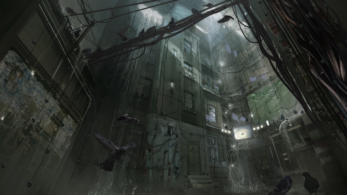 Observer Video Game Courtyard with Pigeons and Wires