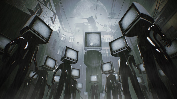 Observer Video Game: Figures with TV Heads in Rain