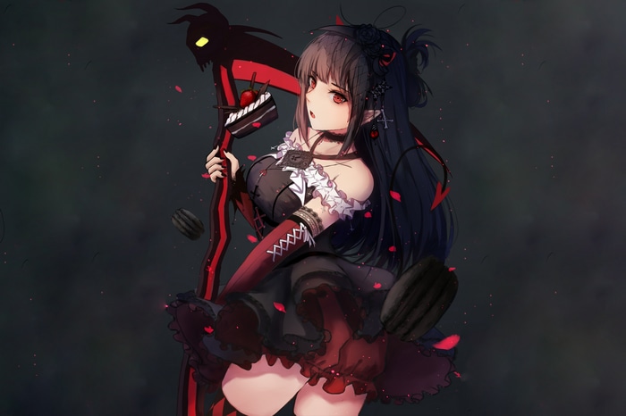 Anime girl with black hair and red eyes holding a scythe