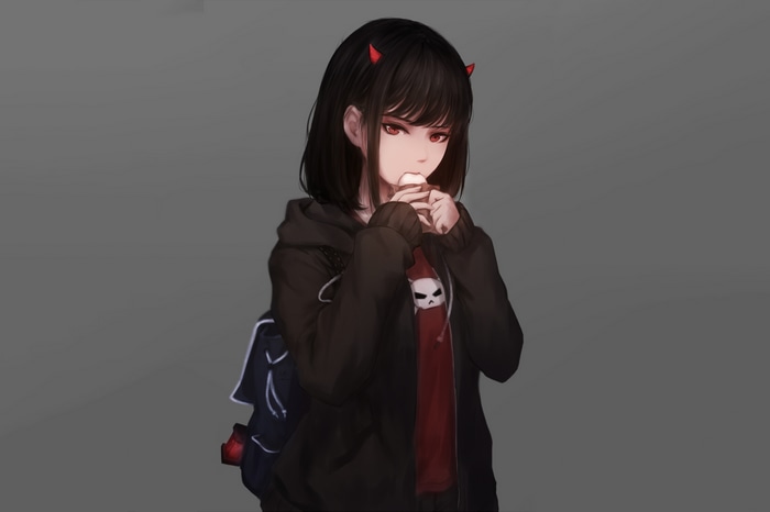 Anime girl with horns eating ice cream