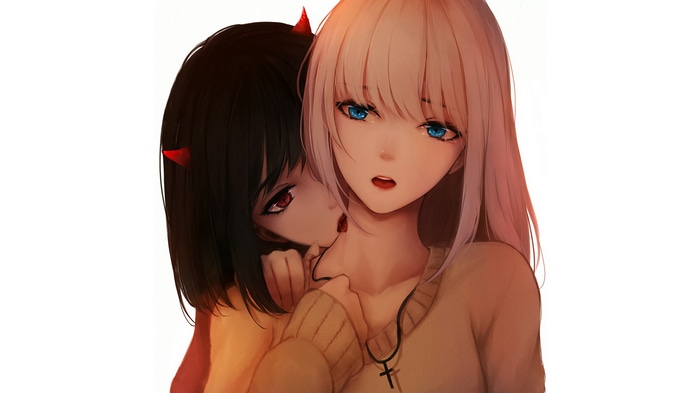 Two anime girls, one with black hair and horns, the other with blonde hair