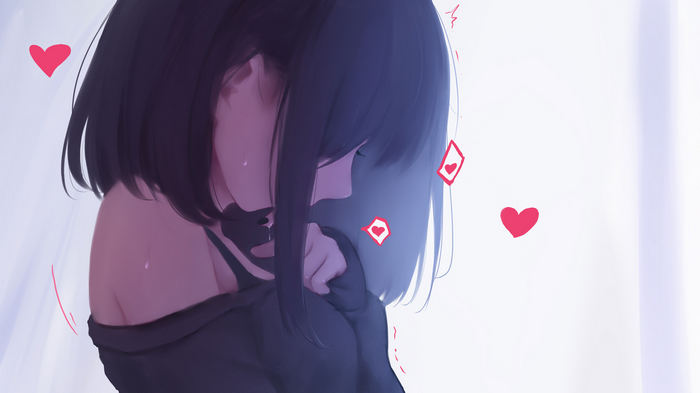 Anime girl with black hair and red hearts