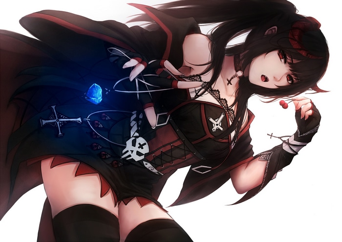 Gothic anime girl with red horns and a blue crystal
