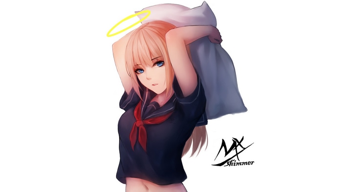 Anime girl with halo and sailor uniform holding pillow