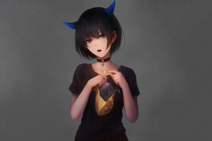 Anime girl with blue horns holding a chip