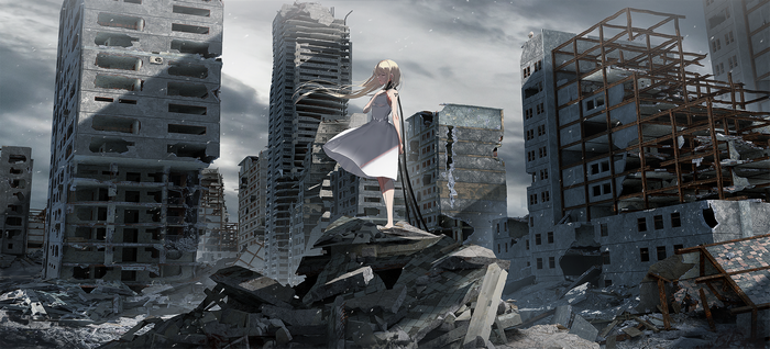 Anime girl in white dress in ruined city