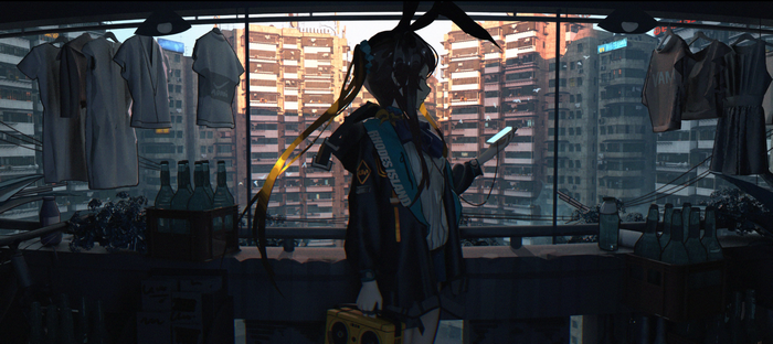 Amiya from Arknights on a balcony with city view