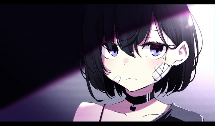 Girl with black hair and bandages